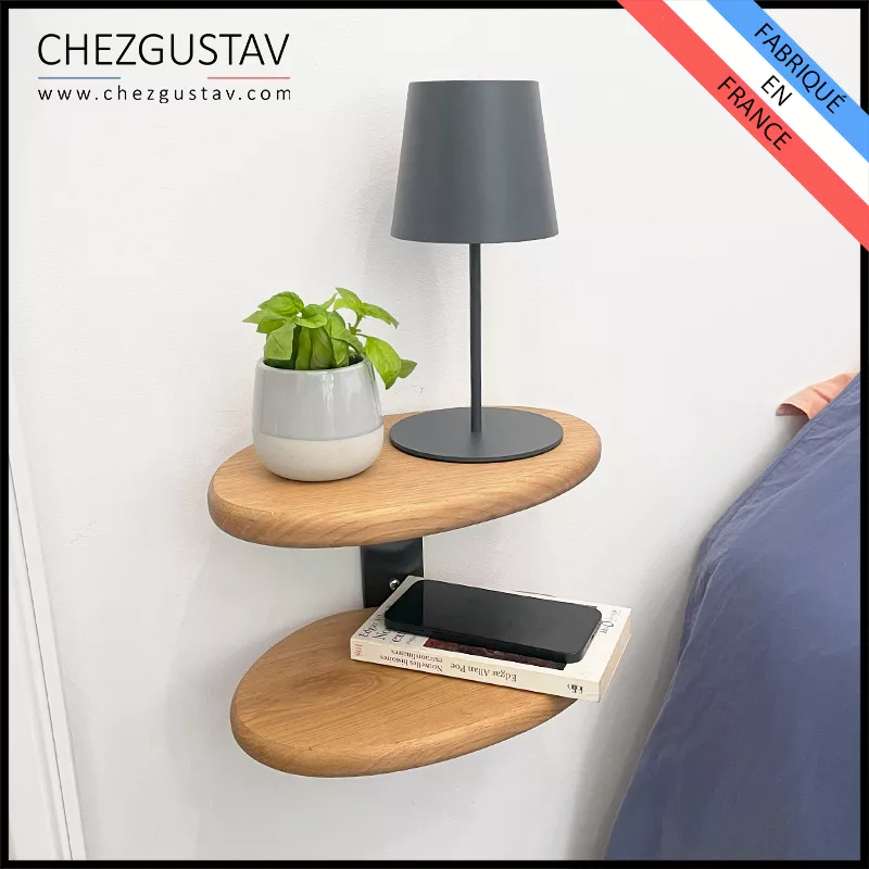 Table de nuit murale en chêne avec équerre en métal - Tablettes arrondies Table de nuit murale en chêne avec équerre en métal - Tablettes arrondies